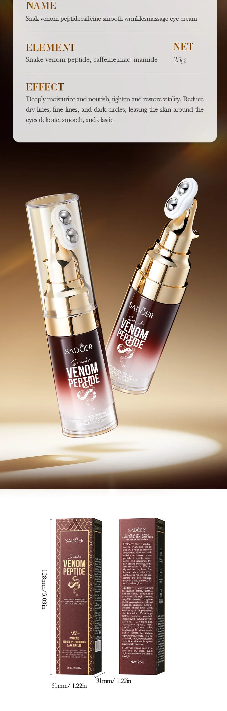 Crema Contorno de Ojos SADOER — Péptido de Veneno de Serpiente + Cafeína, Antiarrugas y Antiojeras