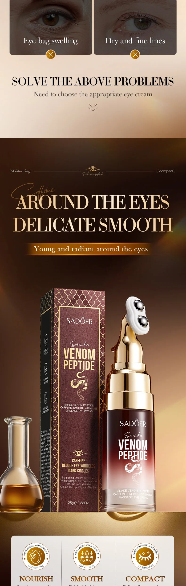 Crema Contorno de Ojos SADOER — Péptido de Veneno de Serpiente + Cafeína, Antiarrugas y Antiojeras