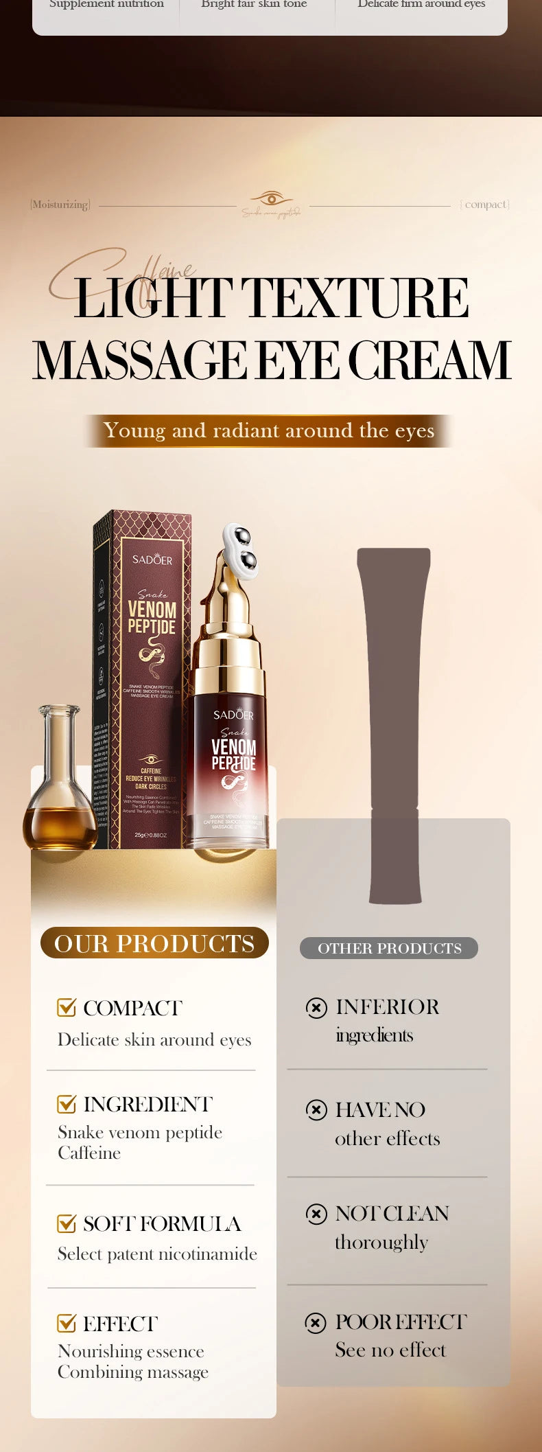 Crema Contorno de Ojos SADOER — Péptido de Veneno de Serpiente + Cafeína, Antiarrugas y Antiojeras