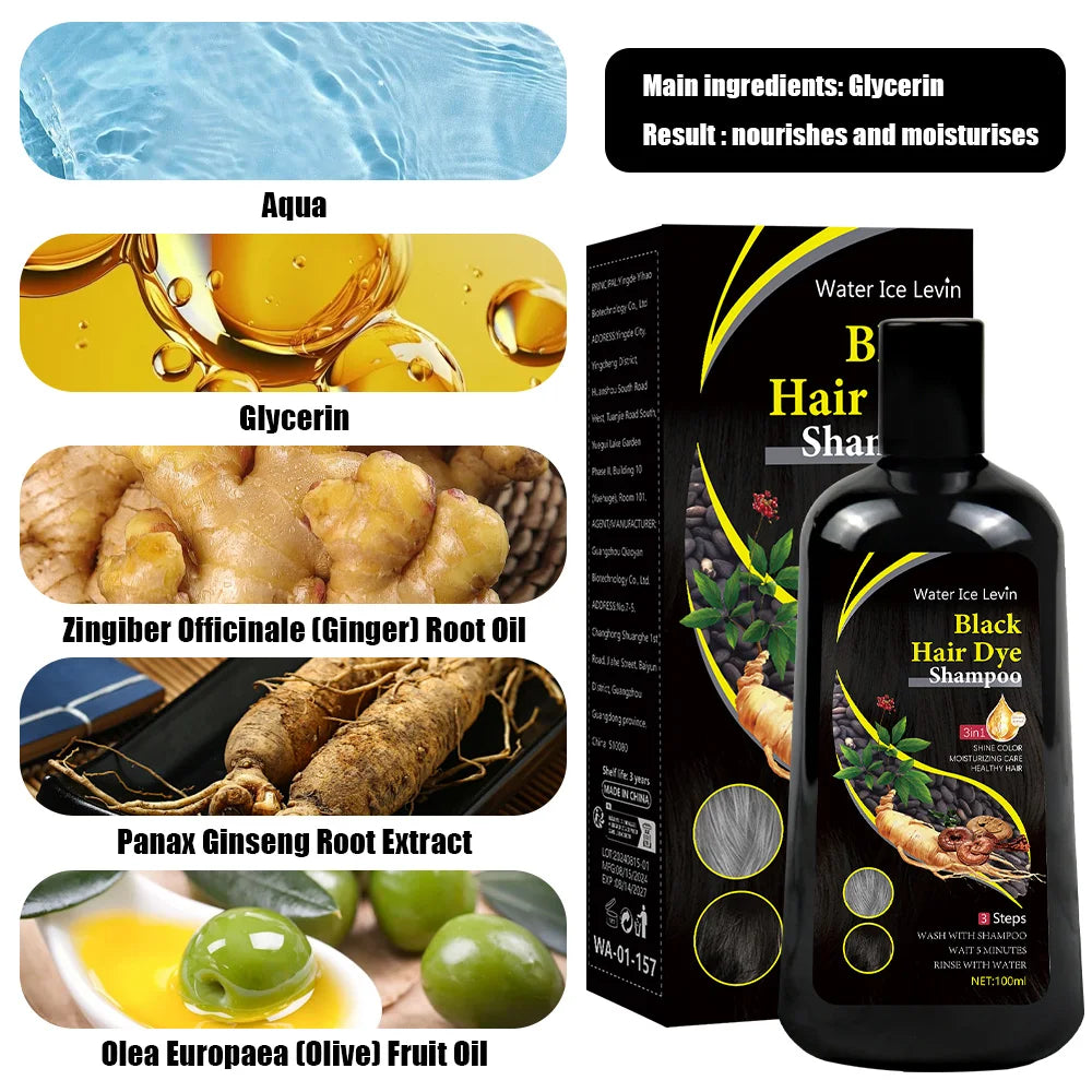 Champú Tinte Negro 3 en 1 – Cubre Canas en 15 Minutos con Fórmula Herbal Natural
